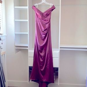 Galina signature satin off the shoulder mermaid bridesmaid dress, color chianti